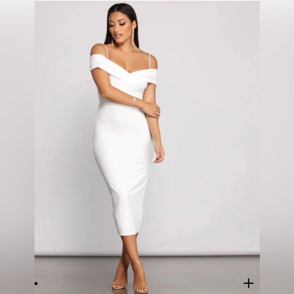 Formal Off-The-Shoulder Crepe Midi Dress